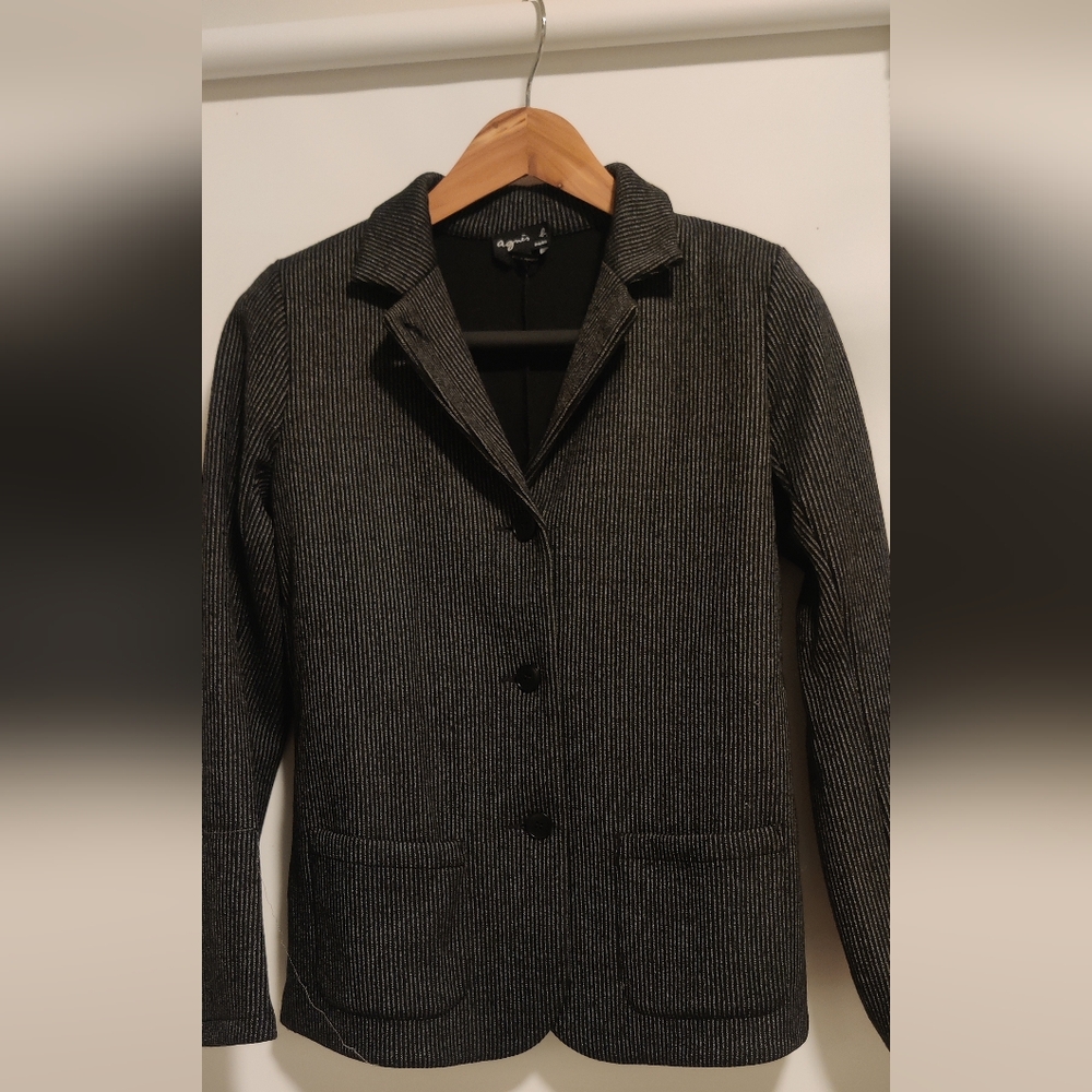Agnes B Classic 3 Button  Wool Blazer With Patch Pockets With Fine Stripes
